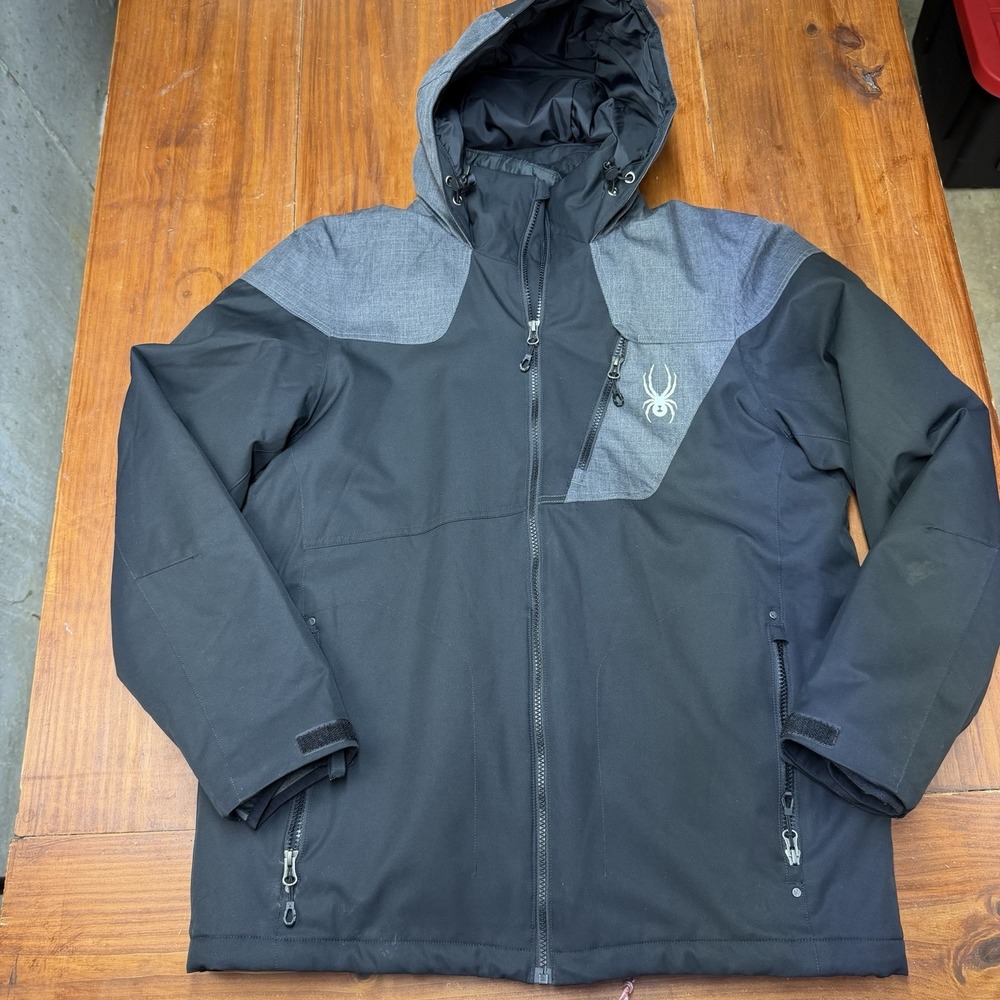 Spyder Vyrse Mens Insulated Ski Jacket Hooded Winter Coat Black Gray EUC Large
